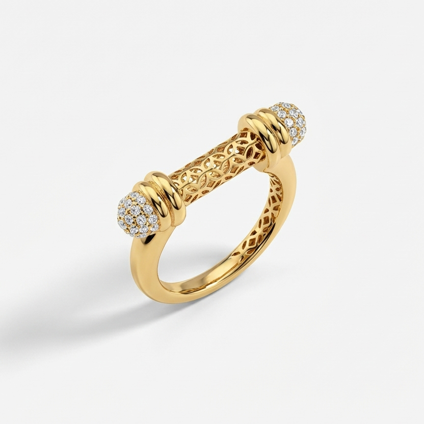 Vega 14 Ayar Altın Silindir Formlu Ajurlu Taşlı Yüzük